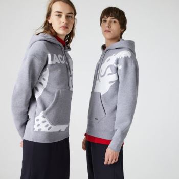 Lacoste Lacoste LIVE Loose Fit Hooded Print Fleece Sweatshirt Pánské - Mikiny Šedé / Bílé | CZ-IPUCE